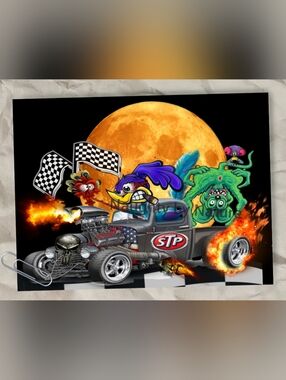 STP Flame Hot Rod Rat Fink Road Runner Flaming Race Truck - Black, Orange, Green